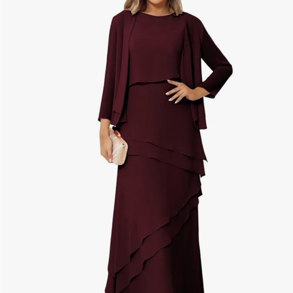 New Elegant Burgundy Layered Dress with Jacket, Plus Size 18
